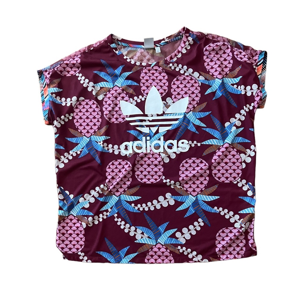Adidas mesh back bright pineapple print top size L